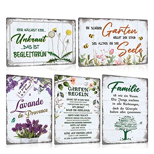 ZDFDC 5er Blechschilder Set Garten 20x30cm - Vintage Gartenschilder mit Sprüchen Lustig - Garten-regeln - Lavande Blumen - Wetterfest Metall-schild Deko Geschenk für Gärtner Gartentor Draußen