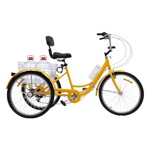 24 Zoll Dreirad Erwachsene 7 Gang 3-Räder Fahrrad BikeMit LED Licht Gemüsekorb Becherhalter Mit Korb Tricycle Höhenverstellbarer 3 Räder Fahrrad für Outdoor-Aktivitäten Belastbarkeit 120 Kg (Gelb)