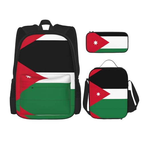 WURTON Schulrucksack-Set mit Jordanien-Flagge, 3-in-1-Büchertaschen-Set mit Lunchbox, Federmäppchen, Reise-Laptop-Tagesrucksäcke