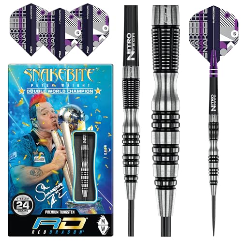 RED DRAGON Peter Wright Snakebite Black Racer 24 Gramm Professional Tungsten Dartpfeile Set mit Flights und Schäfte