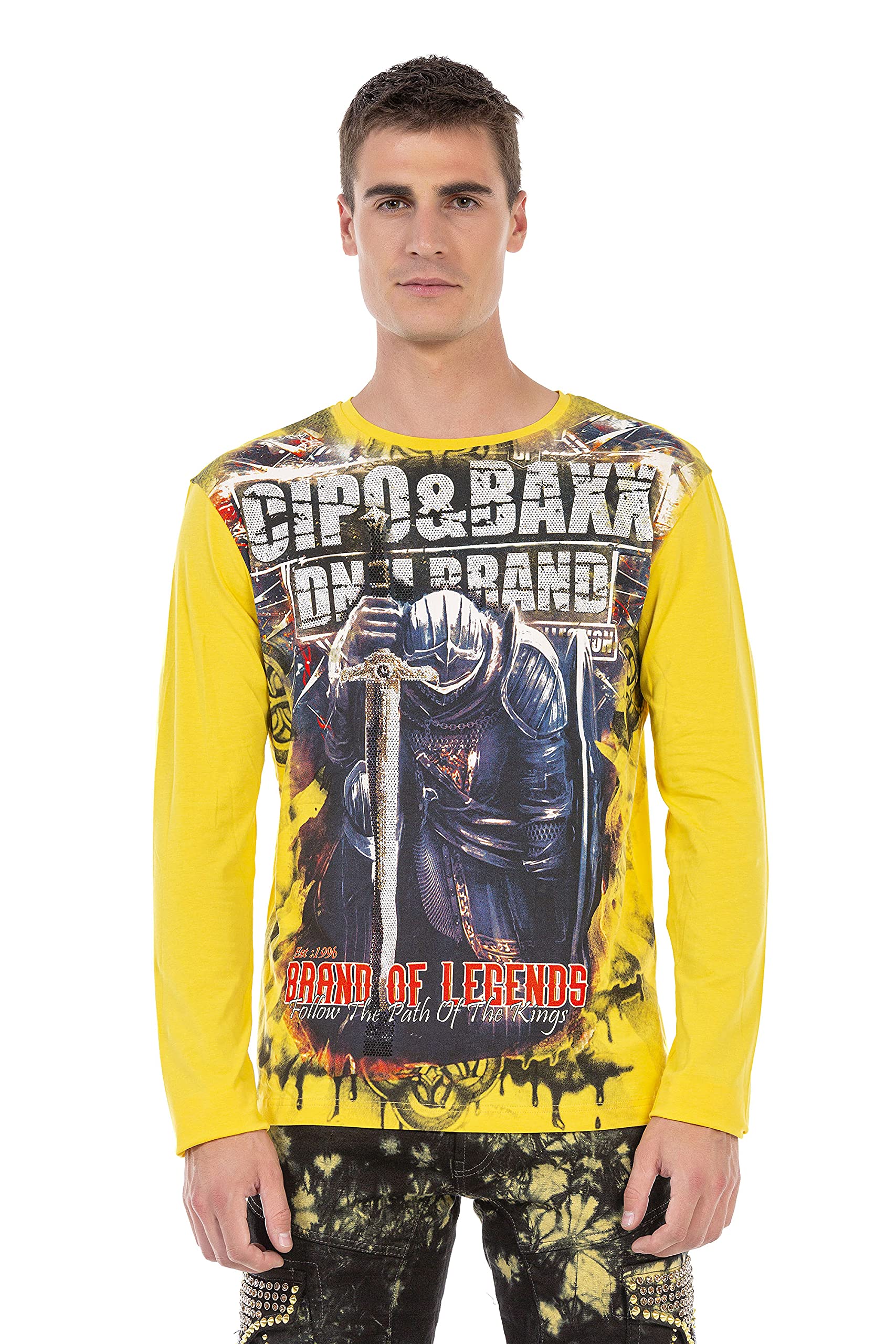 Cipo & Baxx Herren Langarmshirt Rundhals Print Longsleeve Longshirt Sweatshirt CL452 Gelb XXL