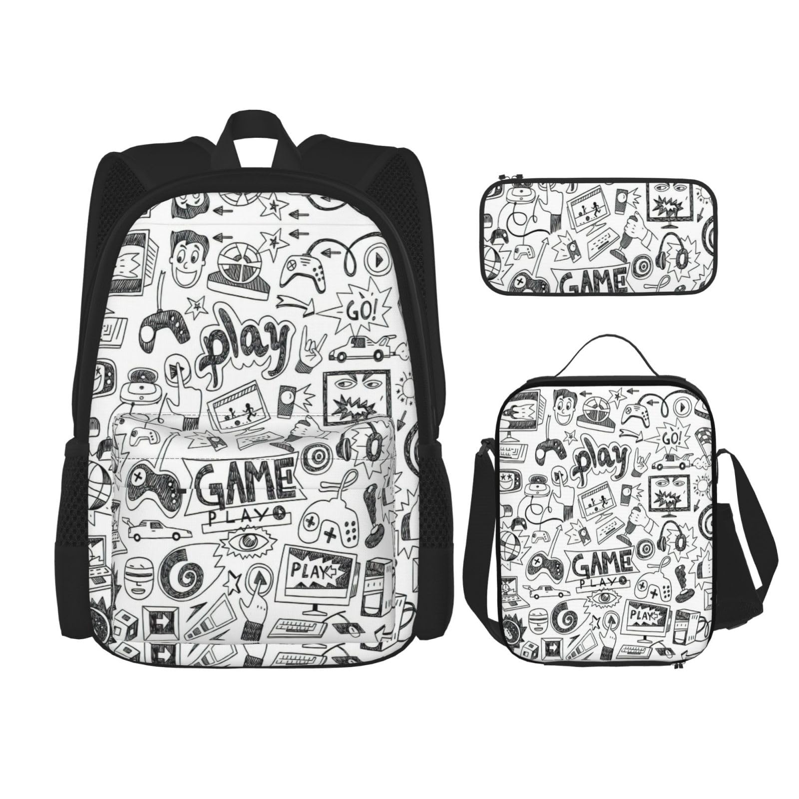 WURTON Videospiel Jungen Druck Trendy Rucksack Taschen Lunchbox und Federmäppchen 3 in 1 Verstellbarer Rucksack Set, Schwarz, Einheitsgröße, Schwarz , Einheitsgröße