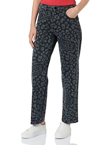 Moschino Damen Boyfriend With Allover Animalier Laser Casual Pants, Black Denim, 31 EU