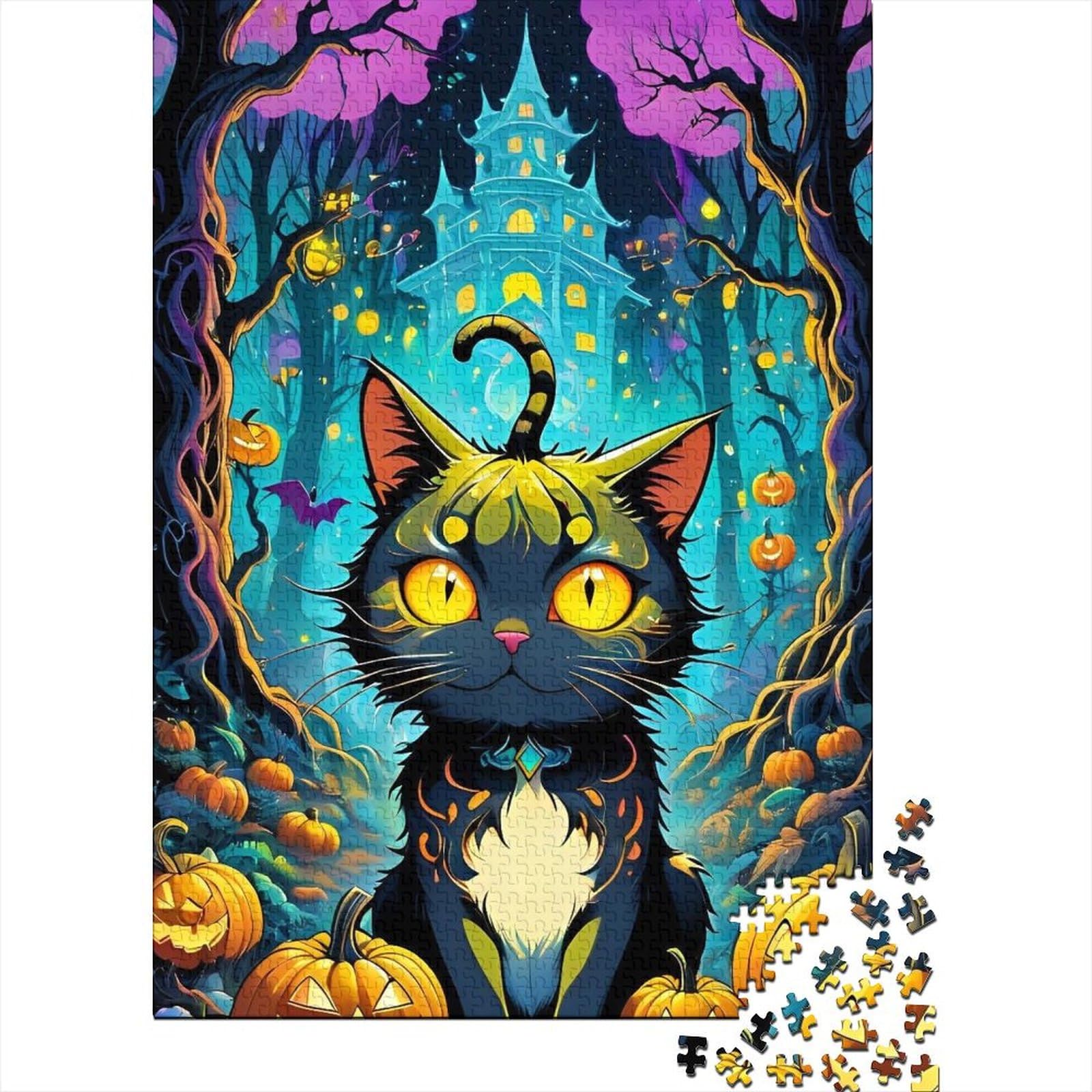 Halloween-Katzen-Kunst-Puzzle für Erwachsene, 1000-teiliges Puzzle für Erwachsene und Teenager, Holzpuzzle für Erwachsene und Teenager (Größe 75x50cm)