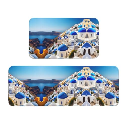 YQxwJL Santorini Küchenteppich, Motiv: griechische Insel, Meerblick, rutschfeste Küchenmatte, 2er-Set, bequeme Stehmatten für Küche, Büro