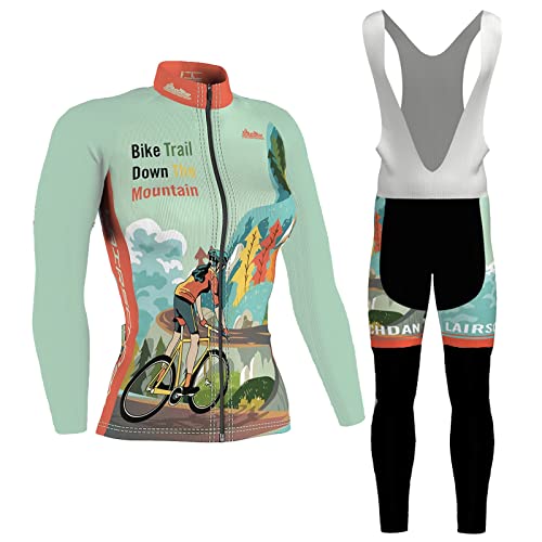 Radtrikot Damen Langarm|Fahrradbekleidung Frauen|MTB Radsportanzug,Fahrradtrikot Cycling Oberteil und Trägerhose mit 9D Gel Sitzpolster,Rennrad Bekleidung Jersey Atmungsaktiv Schnell Trocknen(9,L)