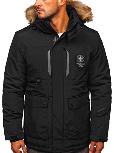 BOLF Herren Winterjacke Gefüttert mit Kapuze Kapuzenjacke Wärm Winter Herbst Freizeit Outdoor Casual Style 1827 Schwarz 3XL [4D4]