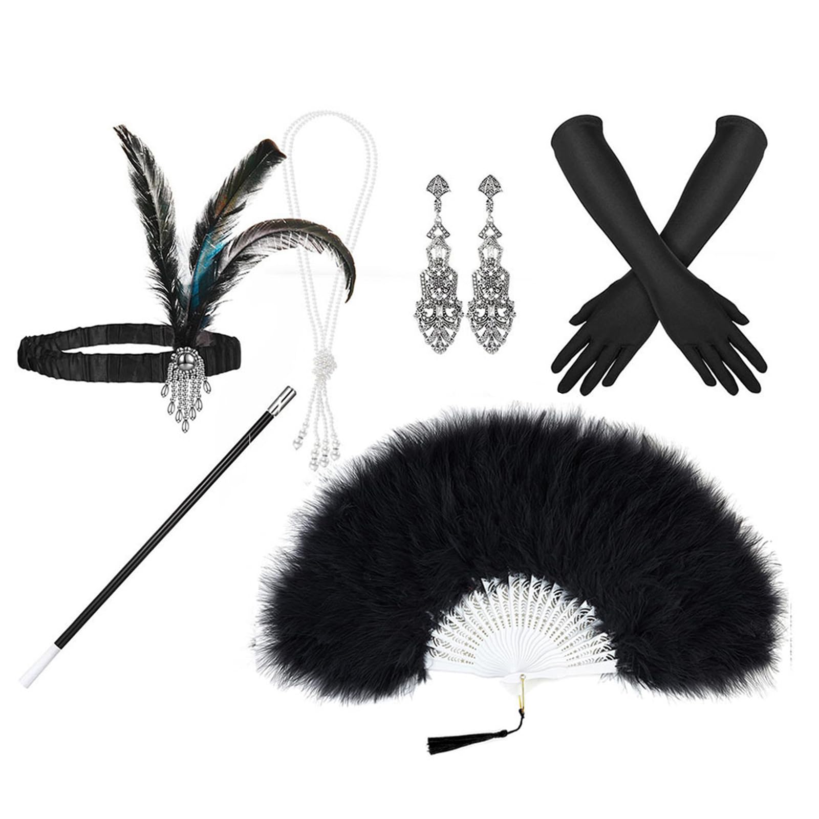 Aurgiarme 1920er Jahre Gatsbys Zubehör-Set für Damen, brüllende 20er-Jahre Zubehör, Flapper-Kostüm mit 20er-Jahre-Stirnband, Halskette, Handschuh, Ohrring, 1920er-Jahre-Kostüm-Zubehör-Set für Herren