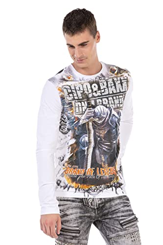 Cipo & Baxx Herren Langarmshirt Rundhals Print Longsleeve Longshirt Sweatshirt CL452 Weiß L