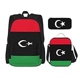 WURTON Trendige Rucksacktaschen mit libyscher Flagge, Lunchbox und Federmäppchen, 3-in-1, verstellbares Rucksack-Set, Schwarz , Einheitsgröße