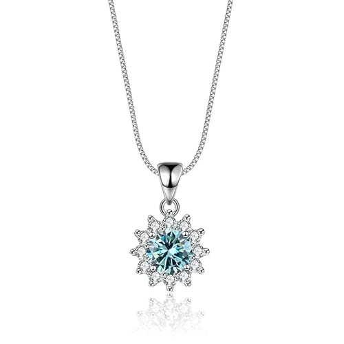 CLLBANT Moissanit-Halskette für Damen, Farbe D, VVS1, hervorragend geschliffener runder Diamant, Sonnenblumen-Anhänger, Halskette, 925er Silberschmuck (blau)