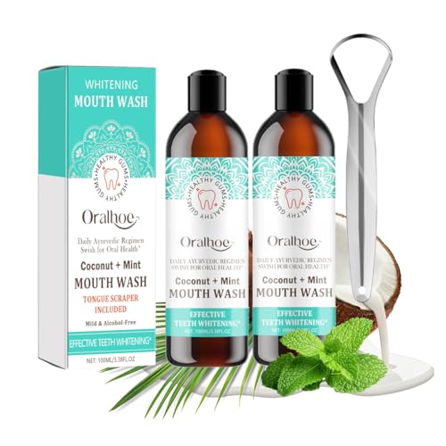 Oralhoe Coconut Mint Mouthwash 3,38 Fl.Oz, Kokosnuss-Ziehöl, Kokosnuss-Ziehöl, Minzöl-Zieh-Mundwasser Mit Zungenschaber, Natürliches Kokosöl-Ziehöl Mit Kokos- Und Pfefferminzöl (2Pcs)