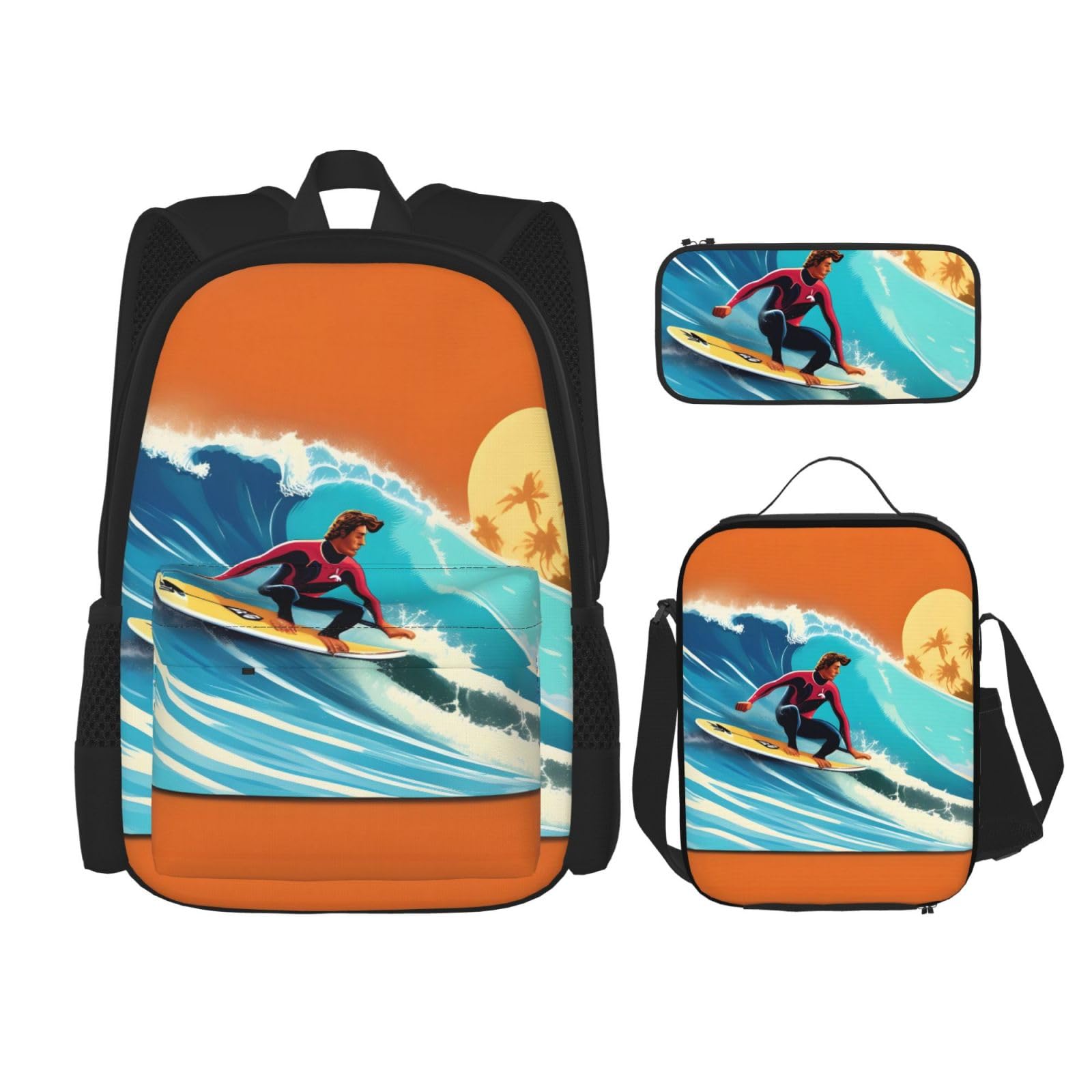 WURTON Hawaiianischer Surfer auf gewelltem Druck, Reise-Lunchbox, Federmäppchen, Rucksack-Set, 3-teilig, verstellbare Riemen, leicht, Schwarz, Einheitsgröße