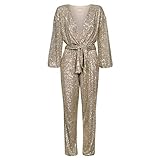 Swing Fashion Jumpsuit Damen Elegant | Festliches Jumpsuit | Party Jumpsuit | Glitzer Jumpsuit | Playsuit | Hosenanzug | Romper | Pailletten-Overall | V-Ausschnitt | Langarm | Gold | 38 (M)