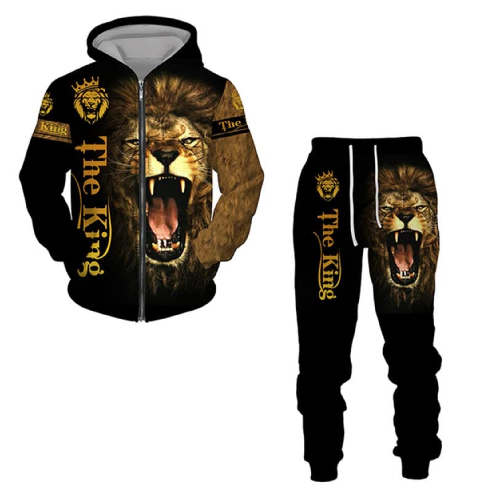 Herren 3D Lion Sweat Suit 2 Piece Outfit Sport Jogging Trainingsanzüge Set (A6,L)