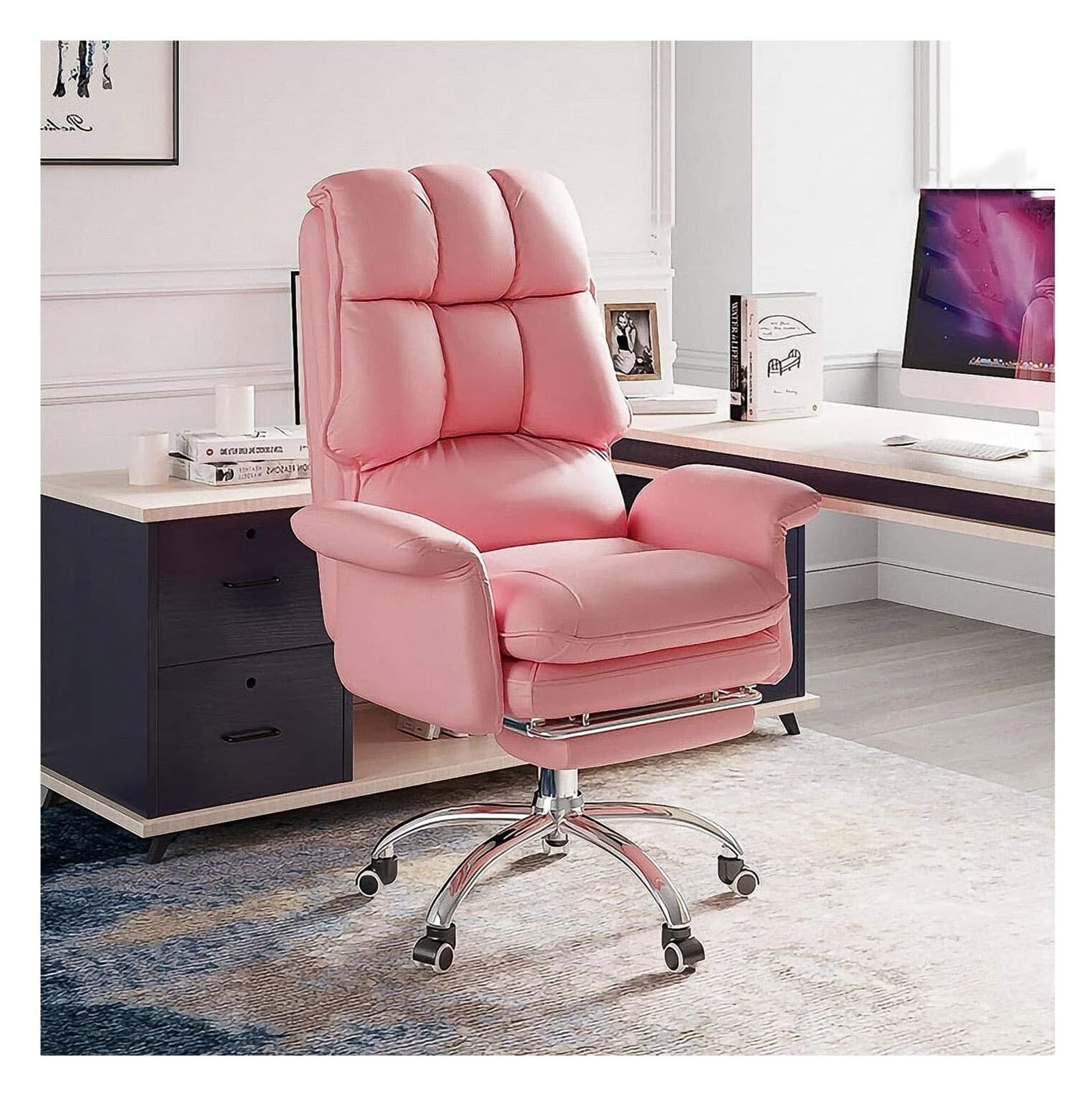 BFVAKBKYT Home Office Ergonomischer Schreibtischstuhl, Executive Commercial Drehstuhl, Verstellbarer Bürostuhl mit hoher Rückenlehne, moderner Drehstuhl aus Pu-Leder mit Fußstütze(Pink)