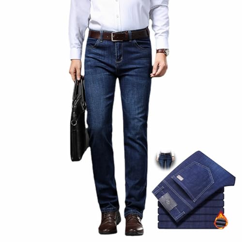 WINDEHAO Herren Business Casual Stretch Jeans Hohe Taille Straight Fit Stretch Jeans Herbst Winter Fleece Gefüttert Thermo Denim Jeans, Blauer Fleece, 34