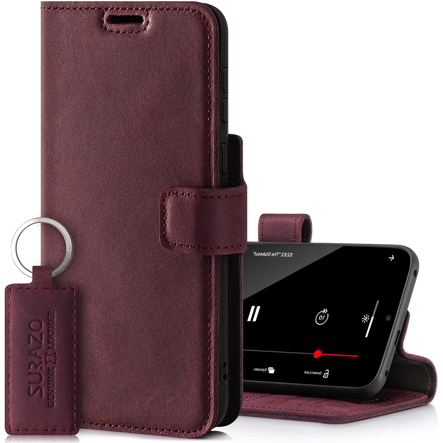 SURAZO Prestige Handyhülle für Apple iPhone 13 Mini – Premium Echtleder Hülle Schutzhülle mit [Standfunktion, Kartenfach, RFID Schutz] – Klapphülle Wallet case Handmade in Europe (Burgund)