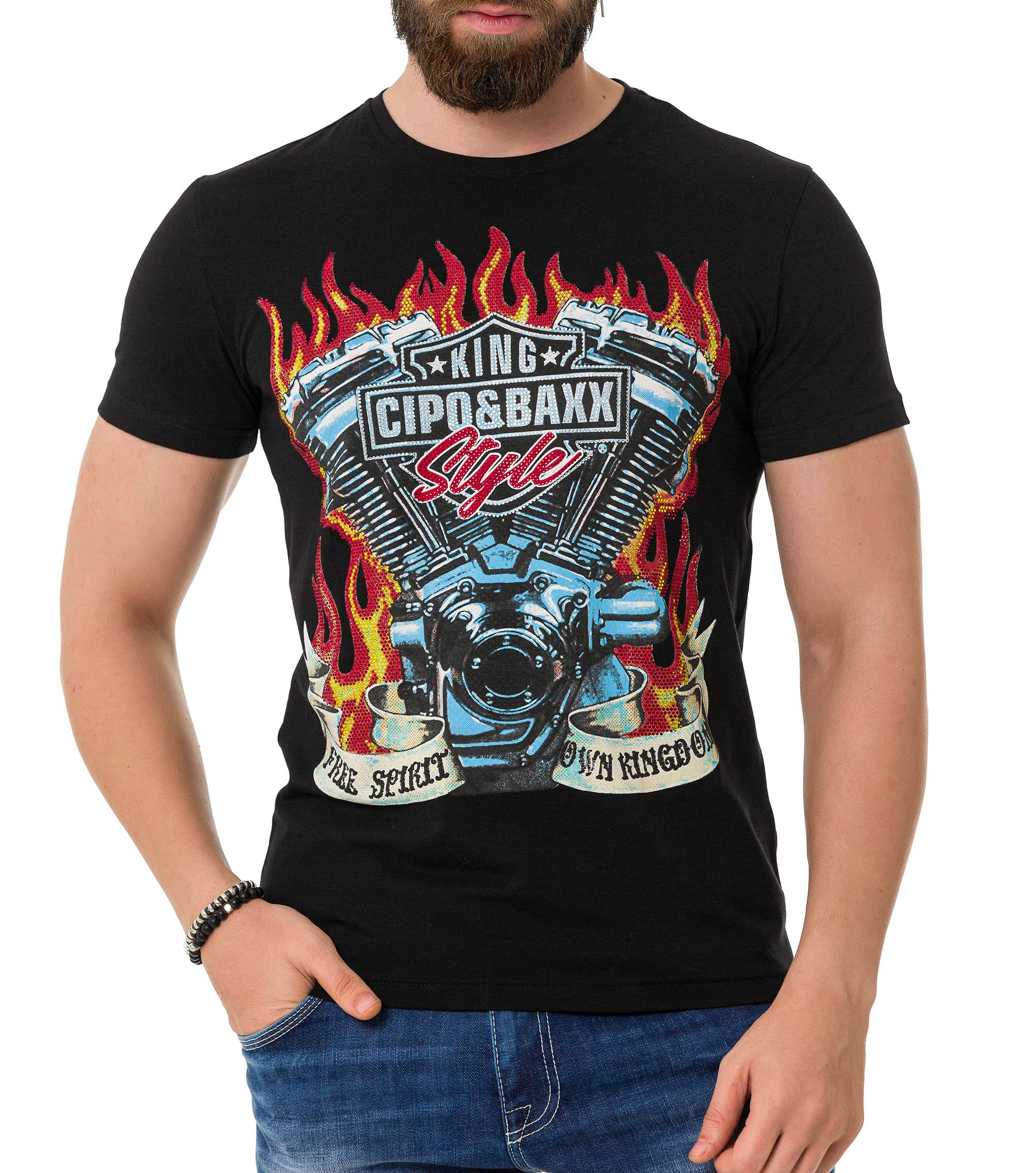 Cipo & Baxx Herren Strasssteine Print T-Shirt Kurzarm CT730 Schwarz L