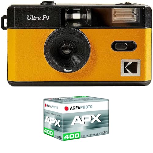 KODAK Pack F9 Silber + 400 ASA Filmstreifen – Kamera, wiederaufladbar, 35 mm, Gelb, festes Weitwinkelobjektiv, optischer Sucher, integrierter Blitz + Film APX 00, 36 Aufnahmen