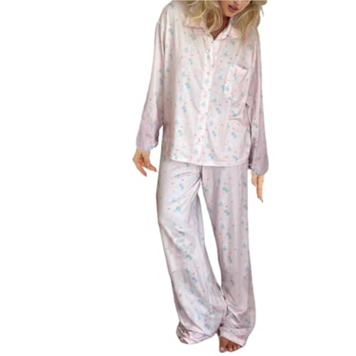 WINDEHAO Frucht-Pyjama, Loungewear-Sets für Damen, Y2k, Nachtwäsche, Knopfleiste, Pyjama-Sets für Damen, Rosa, Größe L