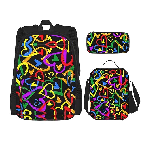 WURTON Gay Pride Regenbogen-Druck, 3-in-1-Sets, lässig, verstellbar, Schulter-Rucksack, Lunch-Tasche, Federmäppchen, Beutelbox, Schwarz, Einheitsgröße