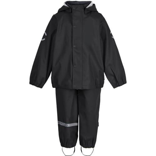 Mikk-line PU Zweiteiliger Regenset mit Trägern 92 Schwarz | Oeko-TEX Standard 100 | 100% recyceltem PU-Material | Für Jungen Und Mädchen | Regenhose und Regenjacke | Reflektierenden Details