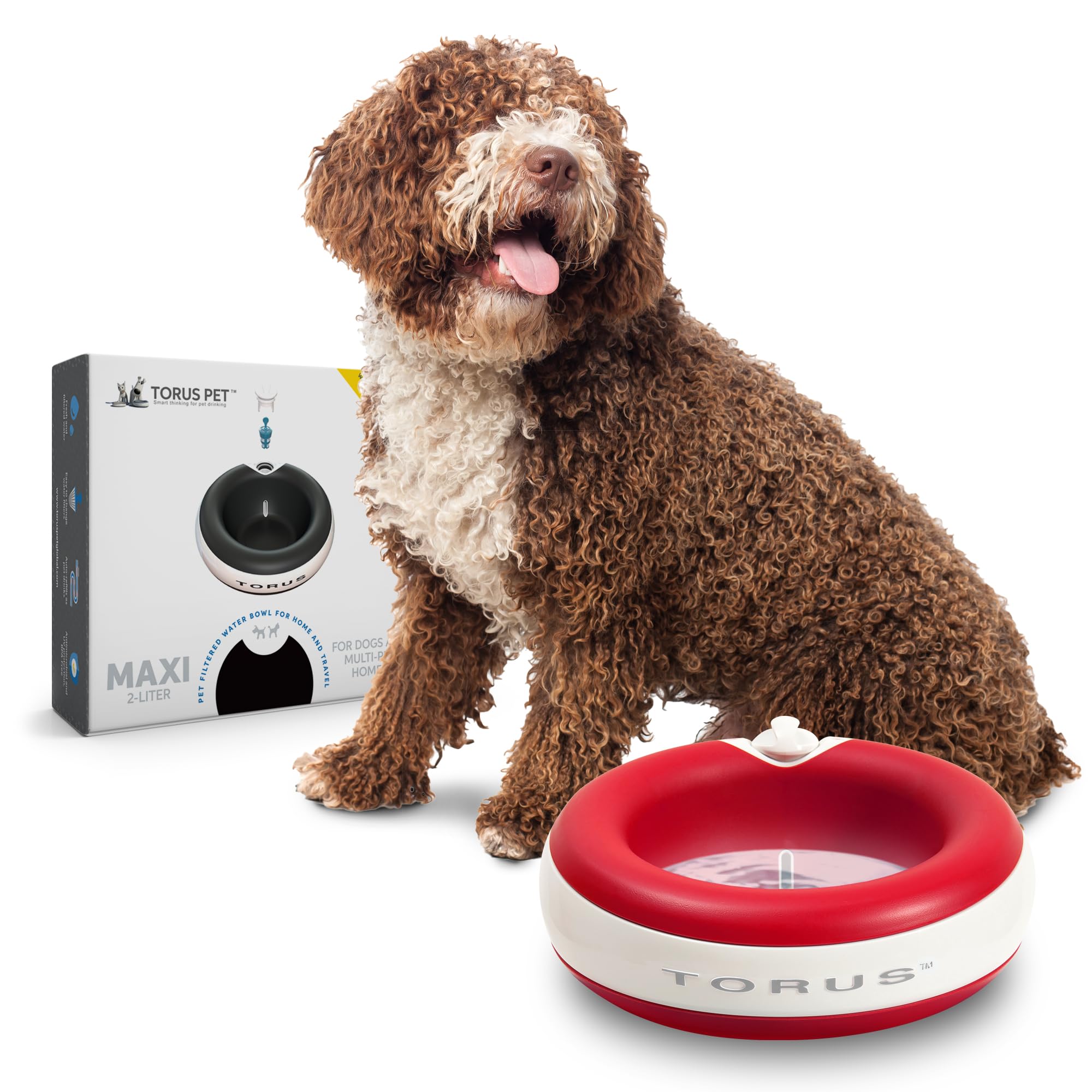 Torus Pet Maxi Gefilterter Wassernapf (rot) – 2 Liter – Napf für Zuhause und unterwegs – Autofill – Kein Auslaufen – Antimikrobiell – BPA-frei – Hund – Katze