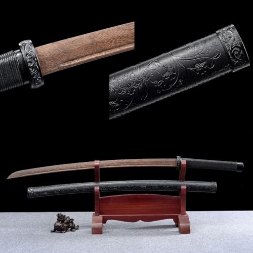 MAUXpIAO Komplett schwarzes Samurai-Schwert aus Palisander, 103 cm großes Katana aus Naturholz mit massivholzumwickelter PU-Lederscheide, handgefertigtes Bokken für Iaido, Kendo, Dekor, Cosplay scharf