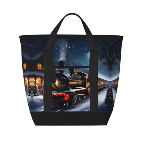 YQxwJL Isolierte Kühltasche für den Winter, Weihnachten, Schnee, Nacht, Eisenbahn, Zug, großes Fassungsvermögen, Einkaufstasche, Reisen, Strand, wiederverwendbare Einkaufstasche für Erwachsene,