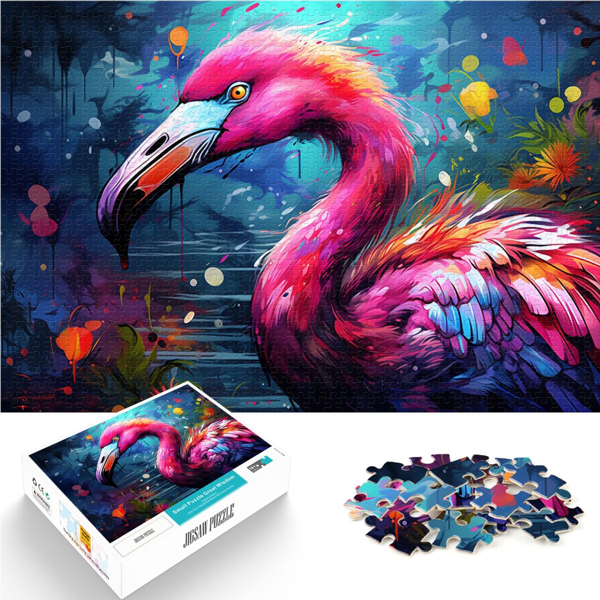 Puzzles, Lernspiele, farbenfrohe psychedelische Flamingo-Puzzles für Erwachsene, 1000-teiliges Holzpuzzle, Spaß-Spiele für 1000 Teile (50 x 75 cm)