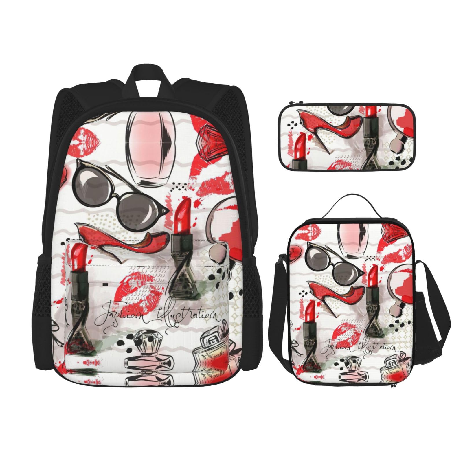 WURTON Kosmetik-Lippenstift Parfüm Kunstdruck Schulrucksack 3 in 1 Büchertasche Set Mit Lunchbox Federmäppchen Reise Laptop Daypacks