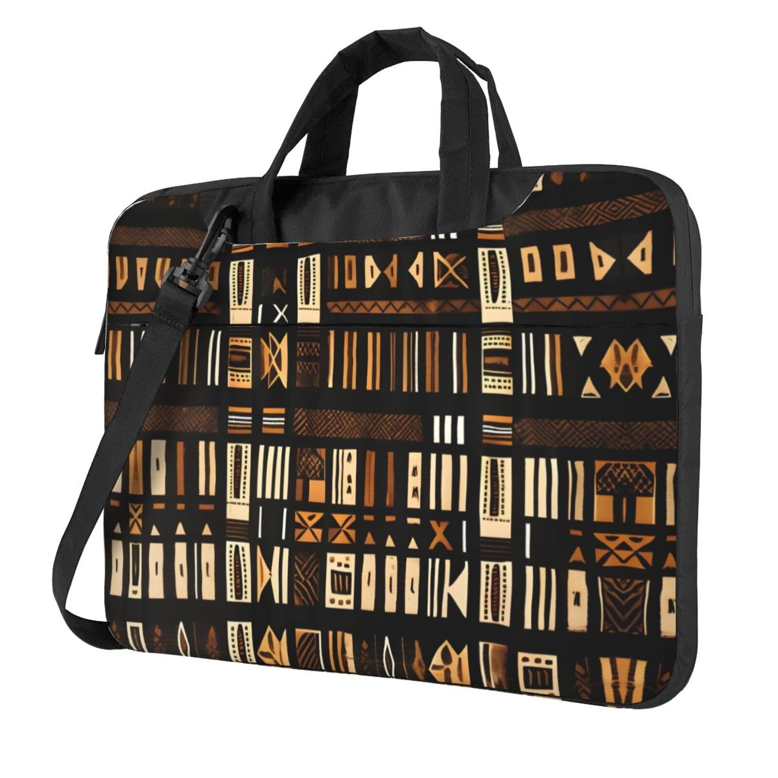 Laptoptasche mit afrikanischem Schlammstoff, Tribal-Druck, stilvolle Laptoptasche, Kuriertasche für Damen und Herren, Schulter-Laptop-Tasche, Schwarz, 15.6 inch