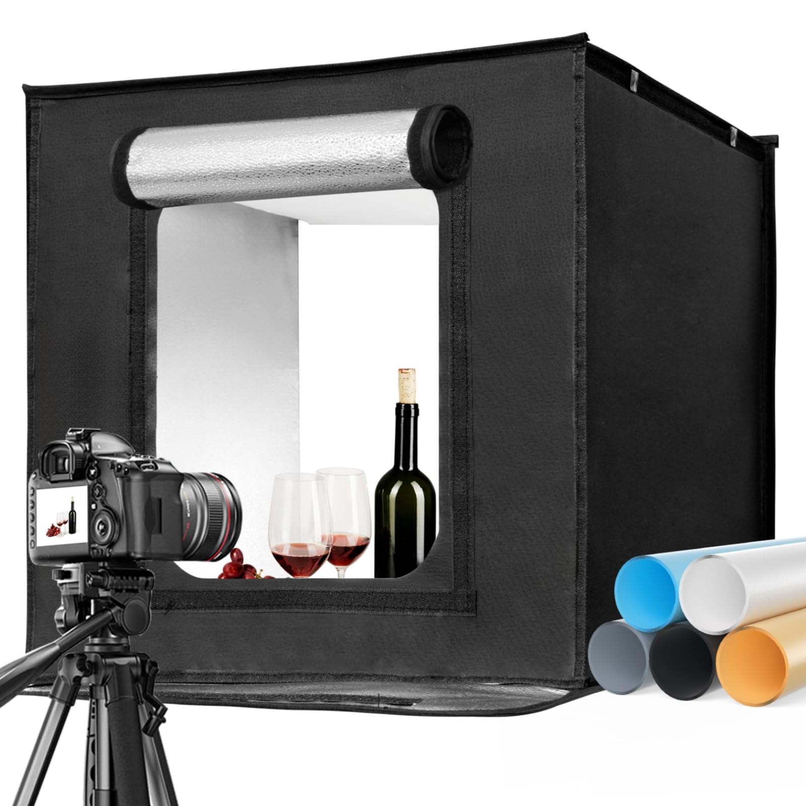 EMART Fotobox 60x60cm, Dimmbare Fotostudio Set mit 5 Produktfotokulissen und 3 Farben Licht, für Lebensmittel Schmuck Produktfotografie