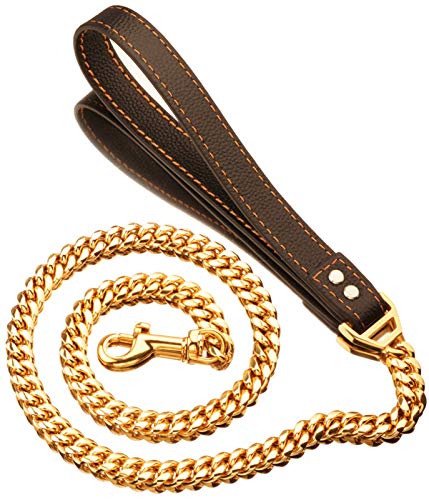 DHGTEP Hundeleine Seil Schwere Edelstahl O-Leine Outdoor-Training Kette Braun Schwarz PU Leder Griff Leine für Mittlere und Große Hunde (Color : Gold 14mm, Size : 100cm)