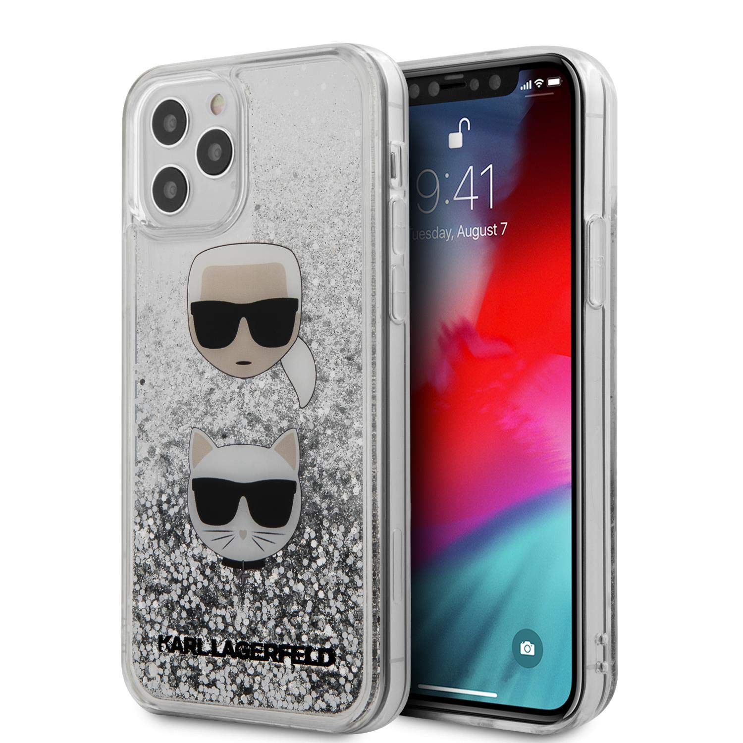 KARL LAGERFELD Handyhülle für iPhone 12 Pro Hard Case PC/TPU Liquid Glitter mit Karl & Choupette Heads Silber Easy Snap On Drop Protection Case Offiziell lizenziert