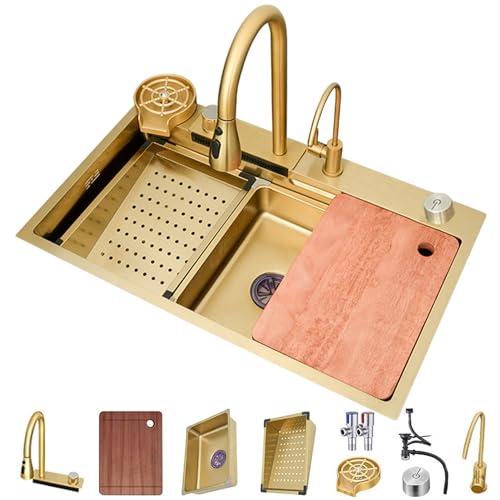 Küchenspüle, Edelstahl Flying Rain Sink Haushaltsspüle, Wasserfall Bar Spüle, Haushaltsspüle Set, Mit Abnehmbarem Wasserhahn (Color : Gold, S : 80x45x21cm)