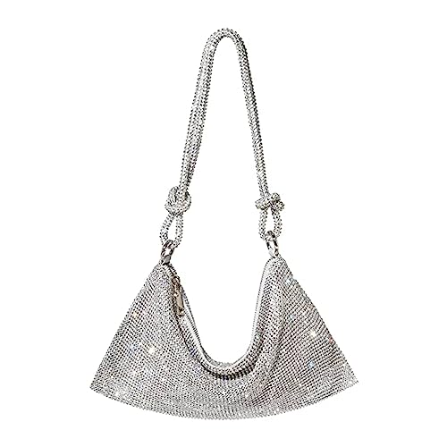 ohodhmnu Damen-Tragetasche, elegante glänzende Strasssteine, Geldbörsen, Kettenriemen, Schultertasche, Unterarmtasche, Reißverschluss oben, silber, OEM