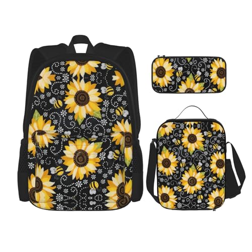 WURTON Rucksack mit Sonnenblumen-Bienen-Aufdruck, für Mädchen und Jungen, Schultaschen, Teenager, Lunchbox und Federmäppchen, 3-in-1-Büchertaschen-Set