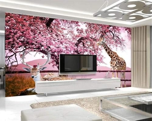 Fantasie Rosa Kirschblüte Cute Fawn 3D Tapete Poster Restaurant Schlafzimmer Wohnzimmer Sofa TV Dekorative Wand-400cm×280cm