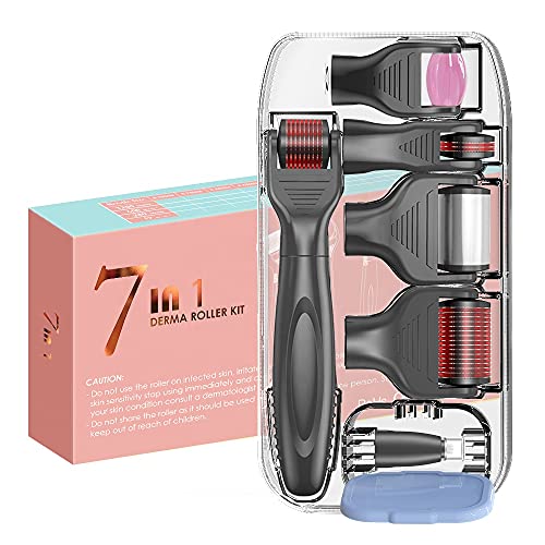 BOWKA 7 IN 1 Derma Roller Kit Jaderoller Eisroller Micronadeln Bartroller mit austauschbaren Köpfen zur Hautverjüngung, Gesichtspflege, Anti Falten, Haarausfall, Bartwuchs, Massage(Schwarz)