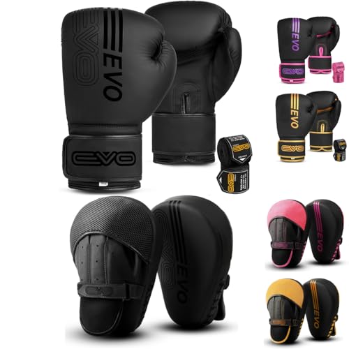 EVO Fitness Boxhandschuhe und Pads, Set mit Boxhandschuhen und Pads, Schlagschutz, Training, Sparring, MMA, Kampfsport, Muay Thai, Kickboxen, Karate, für Herren und Damen, matt, Schwarz