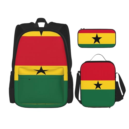 WURTON Trendige Rucksacktaschen und Federmäppchen, 3-in-1-Rucksack-Set, Motiv: Flagge von Ghana, verstellbarer Rucksack