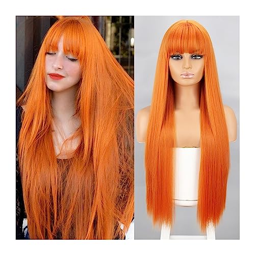 Perücken für Frauen Orange synthetische Perücken, lange gerade Perücken mit Pony for Frauen, rosa rot, Cosplay, Party, täglicher Gebrauch, natürliches Haar für die Tägliche Party Cosplay Tragen