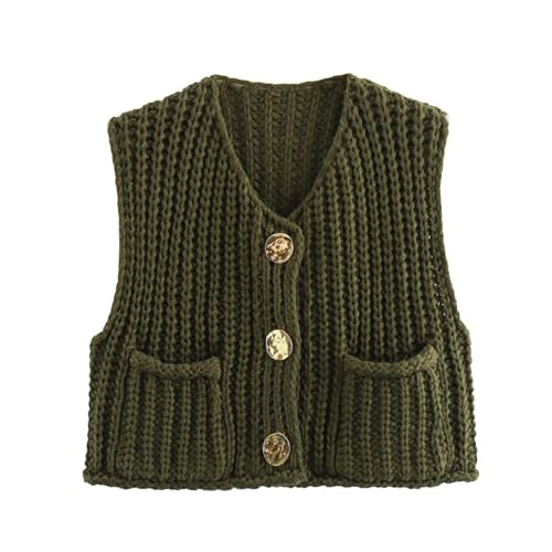 Sweater Vests Women 2024, Women's Button Front V Neck Sleeveless Crochet Solid Checkered Knit Sweater Vest with Pockets (Military Green,Small)