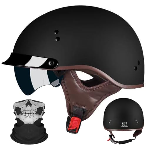 Retro Motorrad Halbhelm Halbschalenhelm Mit Gesichtsschutz ECE-Zulassung Motorradhelm Brain Cap Abnehmbares Futter Einziehbaren InnengläSern Schnellverschluss M-2XL 57-64CM