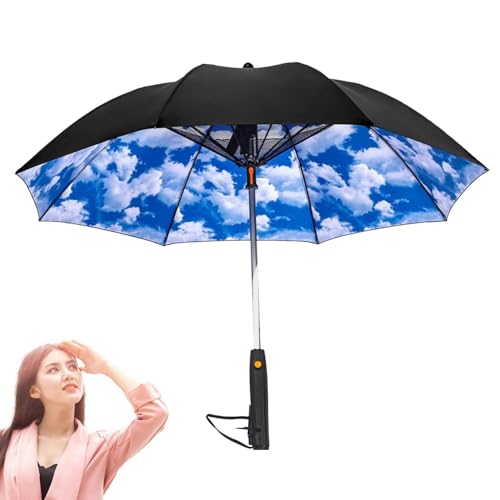 Xasbseulk UV-blockierender Regenschirm mit Ventilator, kühlender Sonnenschirm, tragbarer Sonnenschirm mit Ventilator und Nebel für Sommerreisen, Strand, Golf, Sport, himmelblau, Rechargeable model