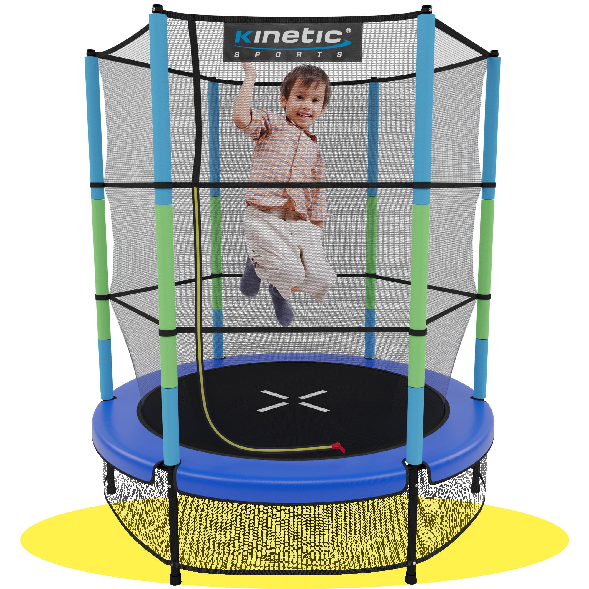 KINETIC SPORTS Kinder Trampolin Jumper 140 cm - Inklusive Gummiseil Federung, Sicherheitsnetz mit Reißverschluss, Rahmenpolster, Schutz Bodennetz - Indoor Kindertrampolin Spielzeug