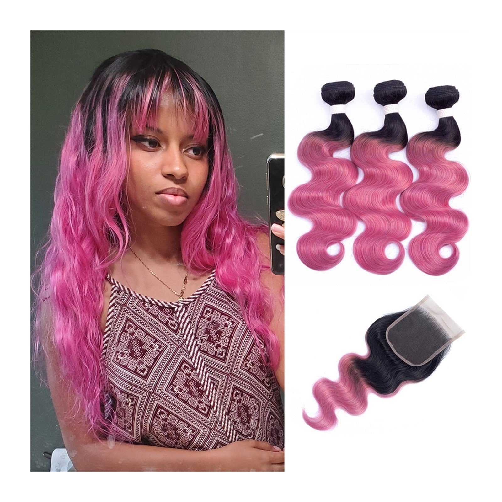 Human Hair Bundles 1B Rose Pink Ombre Echthaar 2/3 Bundles mit Verschluss Transparente Spitze Körperwelle Remy Haarwebart Verlängerung 10-22 Zoll MogulHair human hair weave (Size : 9a Remy Human Hair