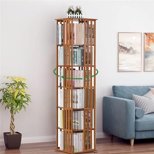 GLBMXDD 5/6-lagiger drehbarer Bücherregal-Turm, 360-Grad-Displayboden-Bücherregal-Aufbewahrungsregal, vertikales Regal, Bambus-Bücherregal, geeignet für Schlafzimmer und Wohnzimmer,Brown-6Tier